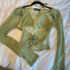 White Fox Boutique Olive Green Lace Tie-Front Crop Top